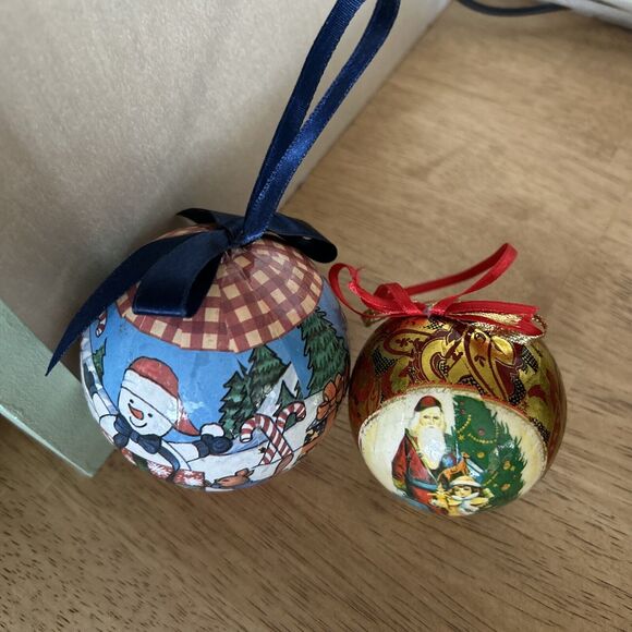 Vintage Christmas Ornaments Snowman Santa Lot of 2 Ball Ribbon - Picture 4 of 6